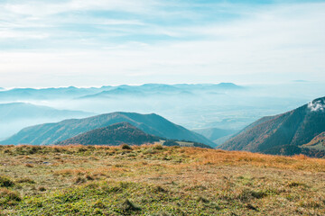 View from Mala Fatra national park. Panoramic mountain landscape in Slovakia near Terchova. Autumn colors of nature.