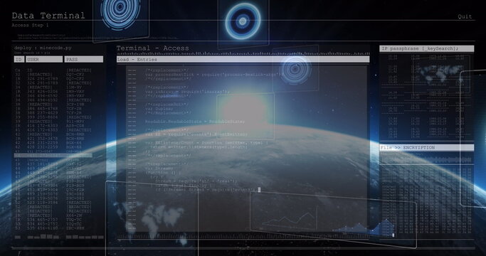 Image of scopes scanning and data processing over digital screens and globe