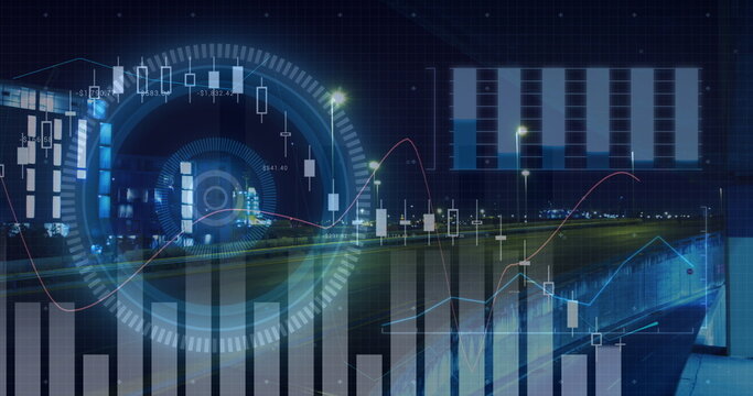 Image of scopes scanning and data processing over road traffic and cityscape at night