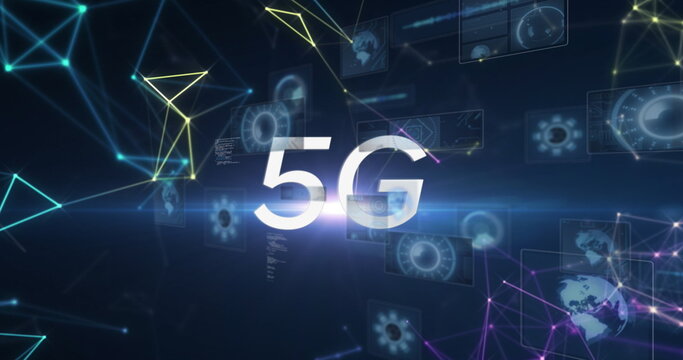 Image of 5g text over scopes scanning and data processing on screens