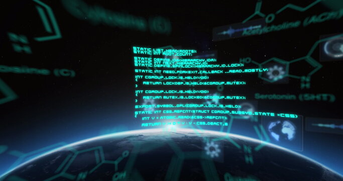 Image of scientific data processing and scopes scanning on screens over globe and sun
