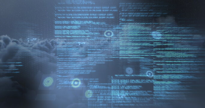 Image of scopes scanning and data processing over clouded sky