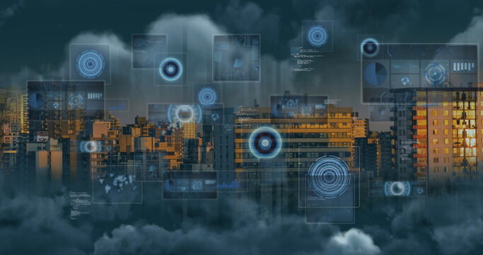 Image of scopes scanning and data processing on screens over cityscape