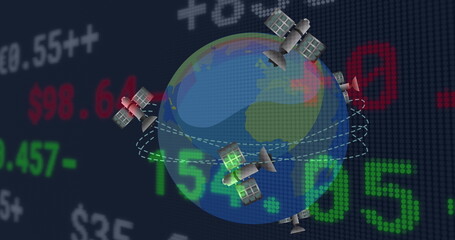 Image of financial data processing over satellites flying around globe