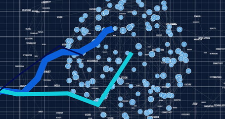 Image of financial data processing with blue line over digital icons forming globe