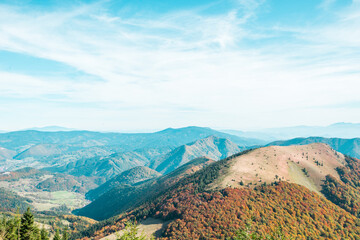 Fototapeta premium View from Mala Fatra national park. Panoramic mountain landscape in Slovakia near Terchova. Autumn colors of nature.