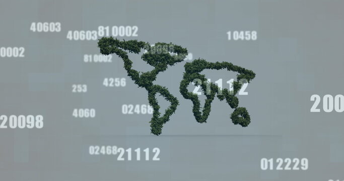Image of numbers changing over world map contoured with trees on blue background