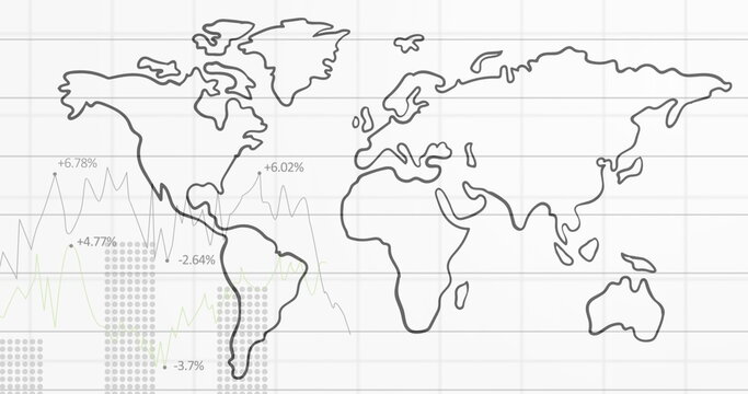 Image of financial data processing over world map on grid on white background