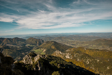 View from Mala Fatra national park. Panoramic mountain landscape in Slovakia near Terchova. Autumn colors of nature.
