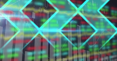 Image of colourful graphs moving with blue shapes on a screen