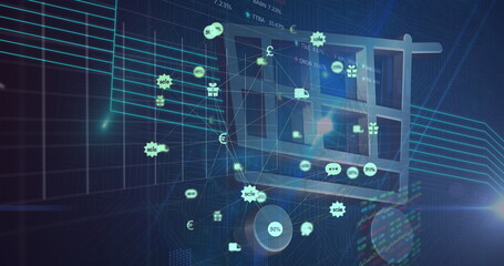 Image of shopping card icon with connected technological icons over moving graphs