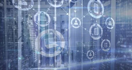 Image of connected technological icons over an empty server room