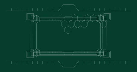 Image of data processing and digital geometric hexagon shapes on green background