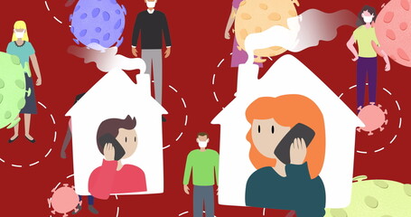 Image of macro coronavirus covid-19 cells over digital generated people