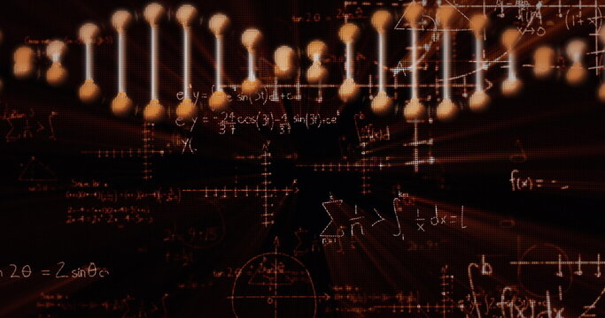 Image of DNA strand spinning with formulae and information on black background