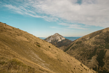 View from Mala Fatra mountains in national park. Panoramic mountain landscape in Slovakia near Terchova. Autumn colors of nature.