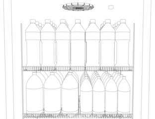 Contour of a shop refrigerator with bottles of drinks from black lines isolated on white background. Vector illustration