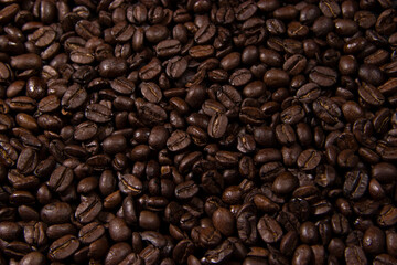 A lot of roasted coffee grains scattered everywhere