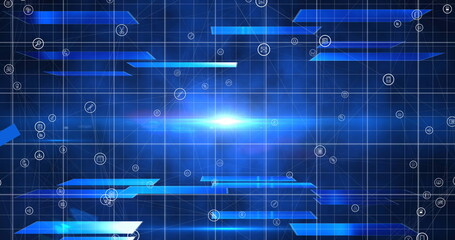 Image of blue lines recording and digital icons on blue background