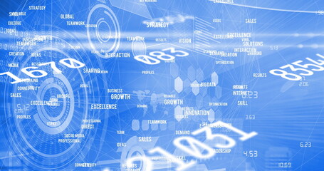 Image of numbers changing and scopes scanning on blue background