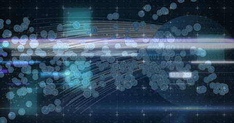 Image of digital icons over globe with binary coding in background