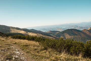 View from Mala Fatra mountains in national park. Panoramic mountain landscape in Slovakia near Terchova. Autumn colors of nature.