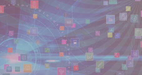 Fototapeta premium Image of digital icons and scopes scanning over spinning stripes in background