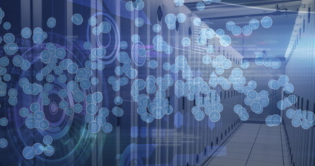 Image of digital icons and scopes scanning over computer servers in background