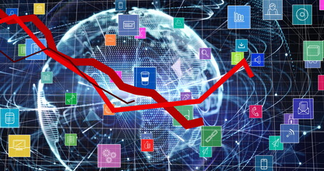 Image of digital icons and data processing with red lines over globe in background
