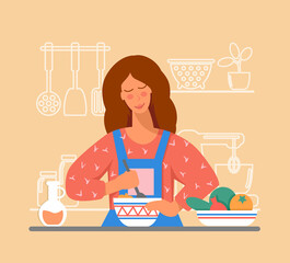 Young woman prepares food in the kitchen. Girl cooks the salad. The concept of cooking at home. Vector Illustration in flat style