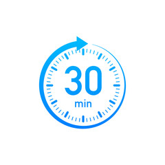 The 30 minutes, stopwatch vector icon. Stopwatch icon in flat style, timer on on color background. Vector illustration.