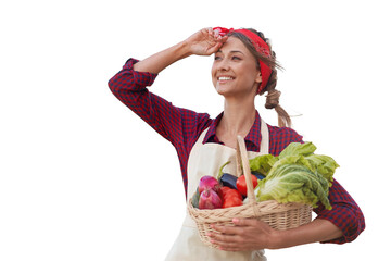 Woman dressed apron white background Caucasian middle age  female business owner in uniform