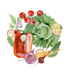 Watercolor vegetable food. Farmer's market. Round composition of farm products Fresh organic food for printing on local poster, logotypes, brunch and lunch invitation template, flyer.