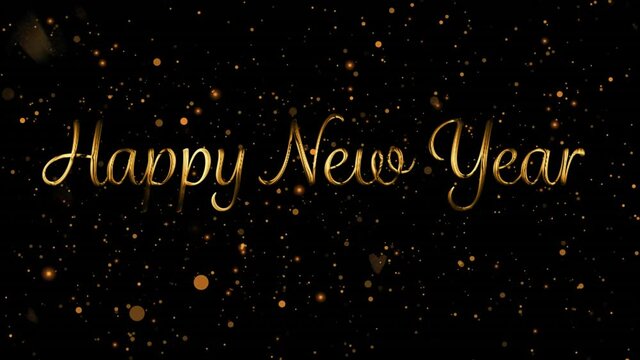 Animation of happy new year text over falling gold spots