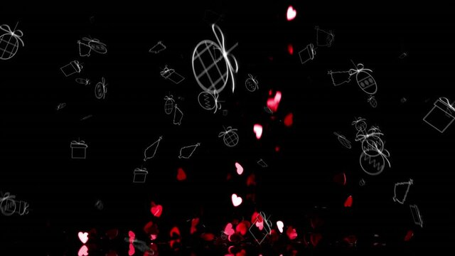 Animation of christmas decoration icons over glowing pink hearts