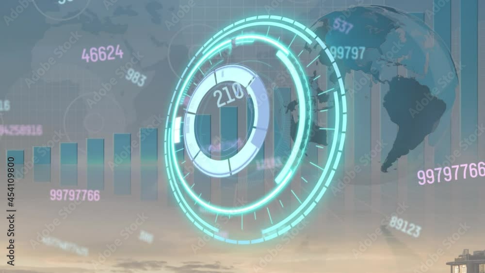 Poster animation of safe lock rotating over graph, globe and data processing, on dark background