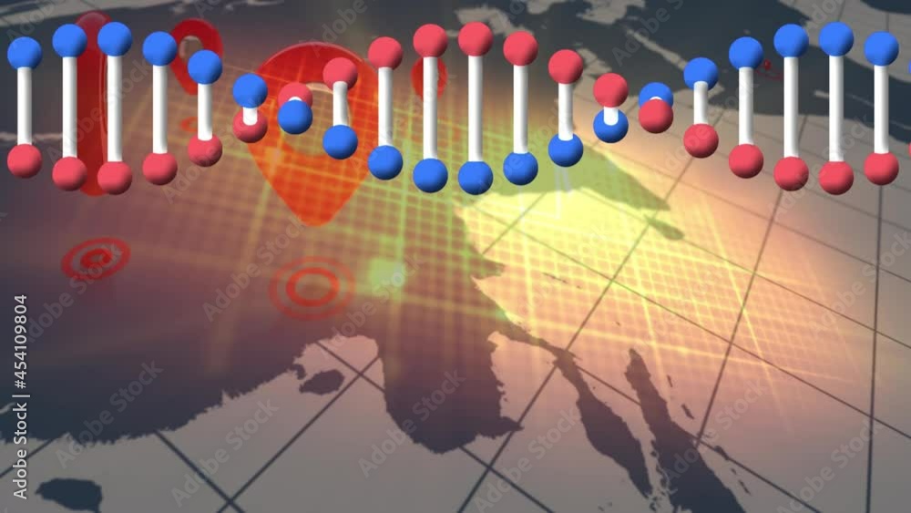 Poster animation of dna strand rotating over heart rate monitor and geo location markers on world map