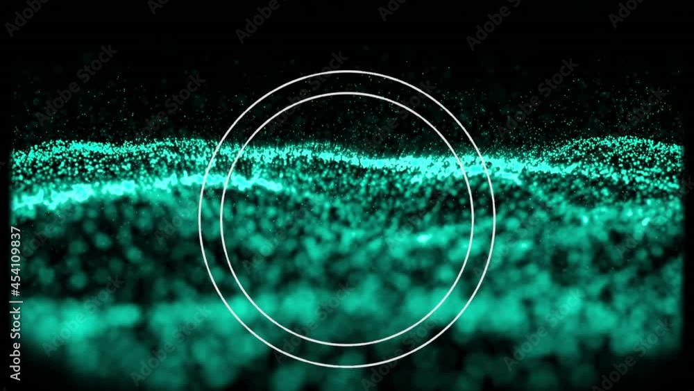 Poster animation of circular scope over undulating contour landscape of blue dots on black background