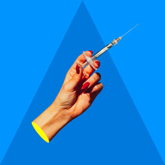 Modern art collage in pop-art style. Female hand with injection syringe isolated on blue background with copyspace for ad, contrast. Complementary colors