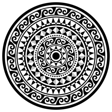 Polynesian geometric mandala vector pattern, Hawaiian tribal design with waves and geometric ornament in black and white
