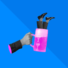 Human hand with beer glass and protruding legs. Contemporary art collage, modern artwork. Concept...