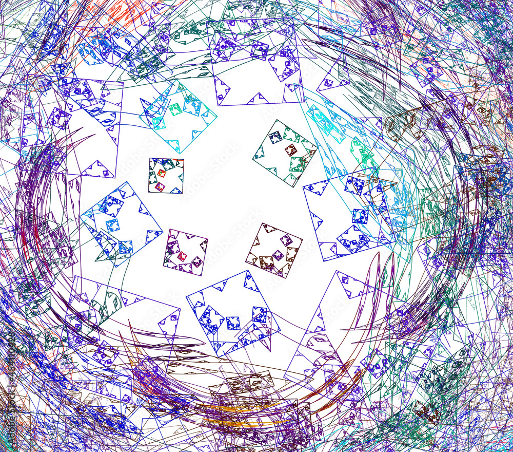 Poster multi-colored squares of different sizes are surrounded by arcuate and straight strokes. imitation o