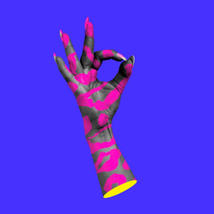 Contemporary art collage, modern design. Aesthetic of hands. Bright neon colors. Copyspace for your...