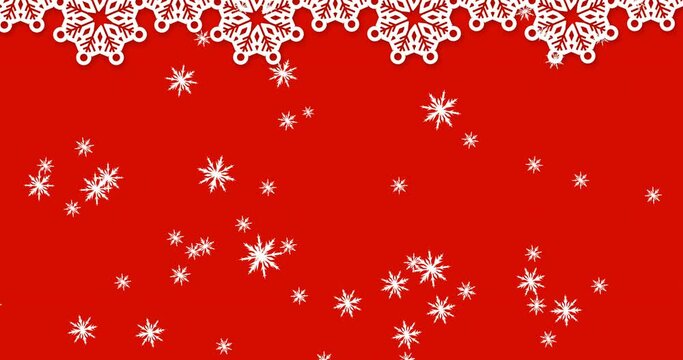 Animation of snow falling over christmas decorations on red background