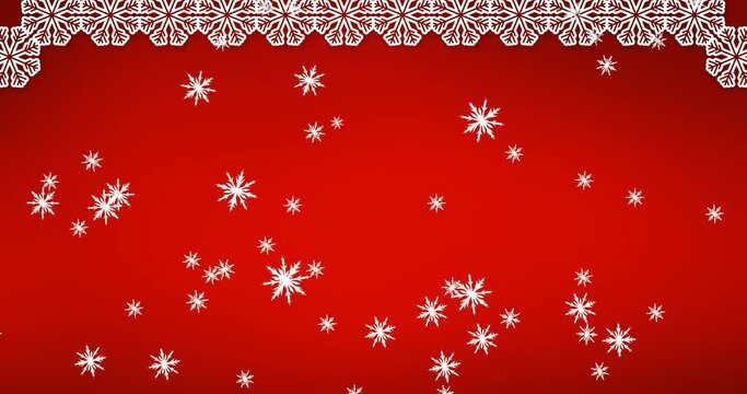 Animation of snow falling over christmas decorations on red background