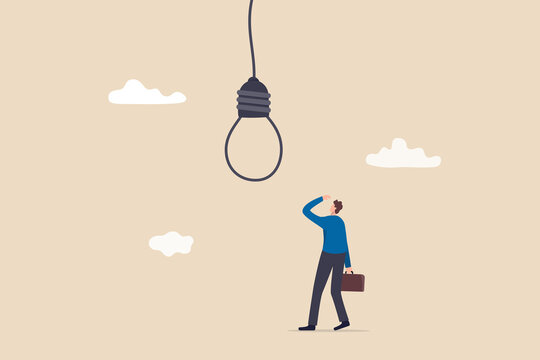 Business risk or challenge, mistake or failure, bad and stupid idea or self sabotage, business trap and pitfall concept, doubtful businessman looking at lightbulb idea thinking it look like noose trap