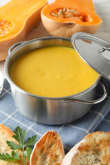 Concept of tasty food with pumpkin soup