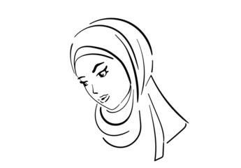 Illustration of the outline of a dark-skinned beautiful girl in a hijab, isolated on a white background