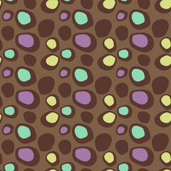 Abstract vector seamless pattern of yellow, turquoise, purple shapes on the brown background. 