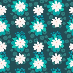 Vector seamless pattern of daisy flowers on the green turquoise background. 